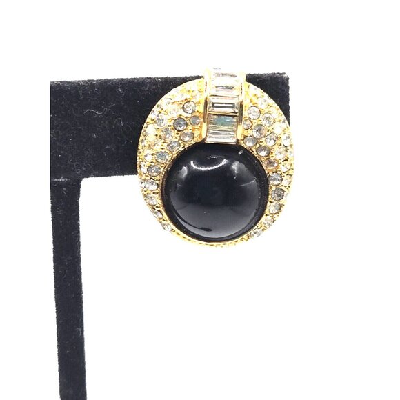 DIOR signed Rhinestone Baguette, Pave, Black Enamel Gold Plated Clip Earrings - Picture 3 of 5